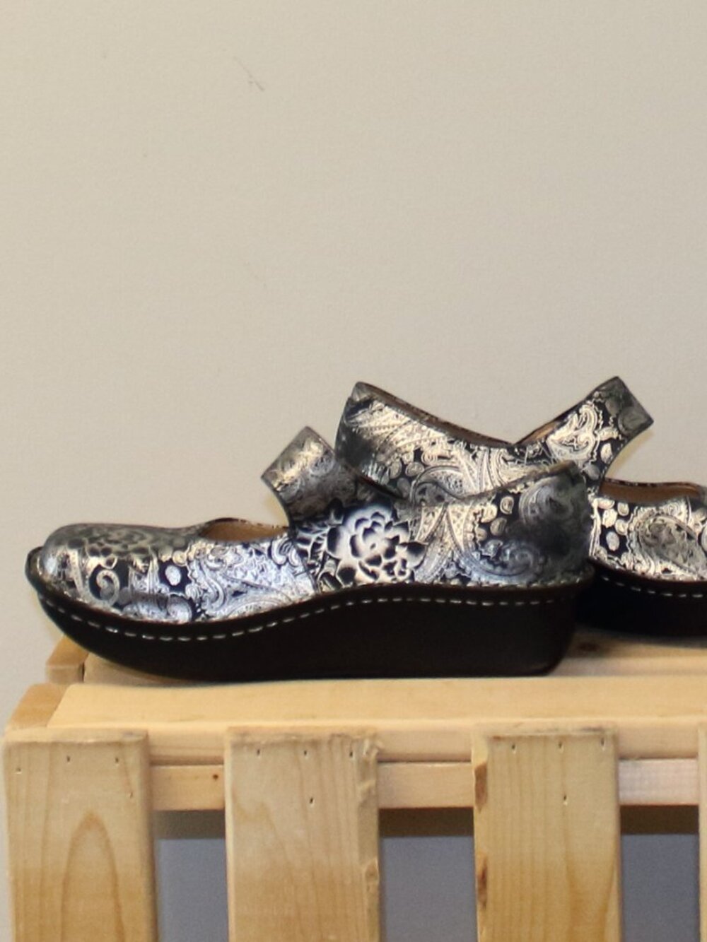 Alegria Silver Patterned Mary Jane Shoes